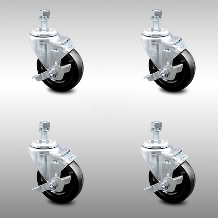 Service Caster 4 Inch SS Hard Rubber Wheel Swivel 10mm Threaded Stem Caster Set Brake SCC SCC-SSTS20S414-HRS-TLB-M1015-4